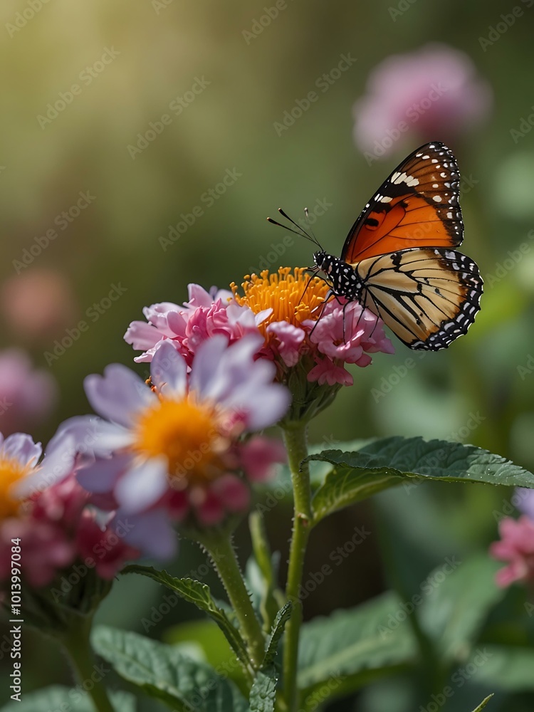 A butterfly perched on a flower. A butterfly perched on a flower.