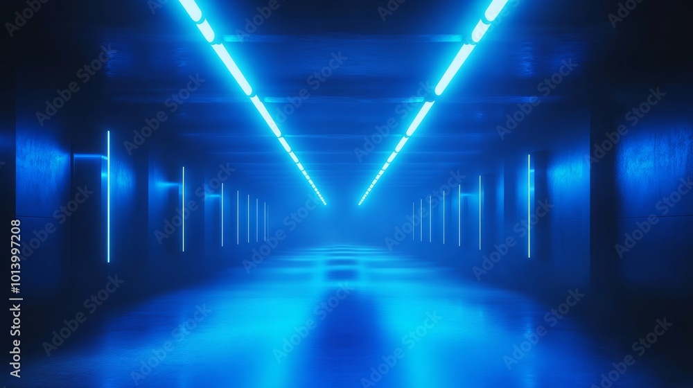 3D render of a glowing blue spotlights tunnel Flying inside a room with bright dynamic floodlights Shining beams illuminate the space perfect for futuristic or eventrelated designs 3D render of a glowing blue spotlights tunnel Flying inside a room with bright dynamic floodlights Shining beams illuminate the space perfect for futuristic or eventrelated designs