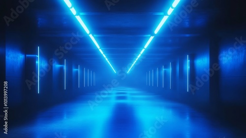 3D render of a glowing blue spotlights tunnel Flying inside a room with bright dynamic floodlights Shining beams illuminate the space perfect for futuristic or eventrelated designs photo