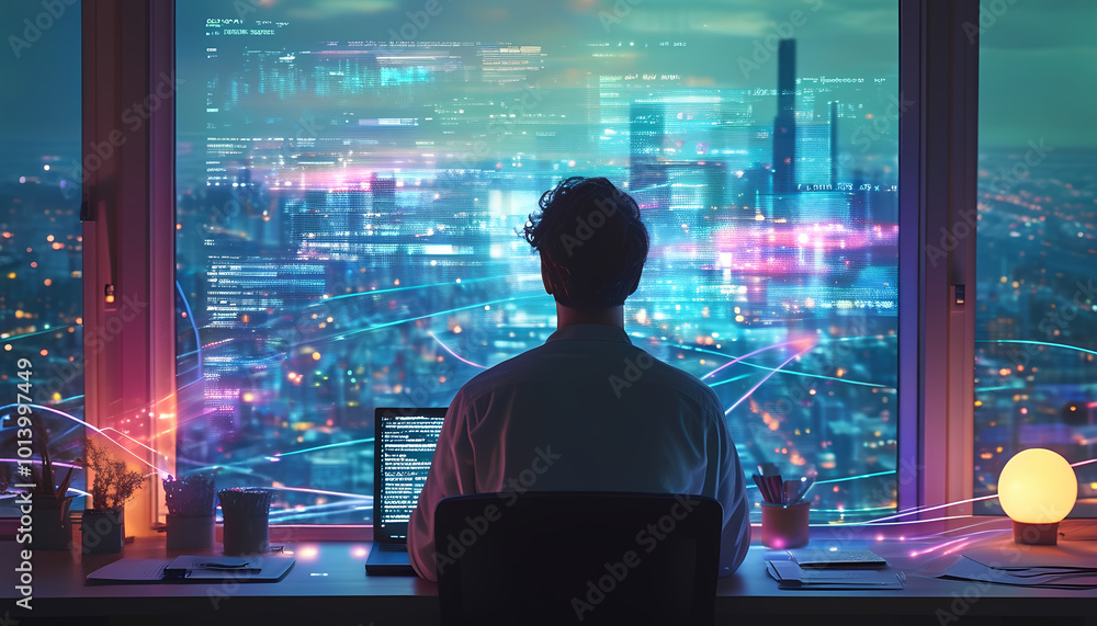 A lone programmer works late at night, facing a futuristic cityscape A lone programmer works late at night, facing a futuristic cityscape