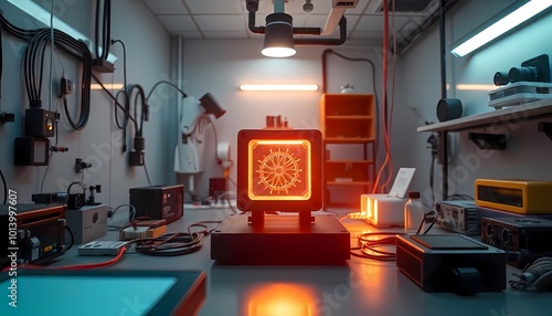 A dimly lit lab with a glowing red device in the foreground and a scientist observing it in the background