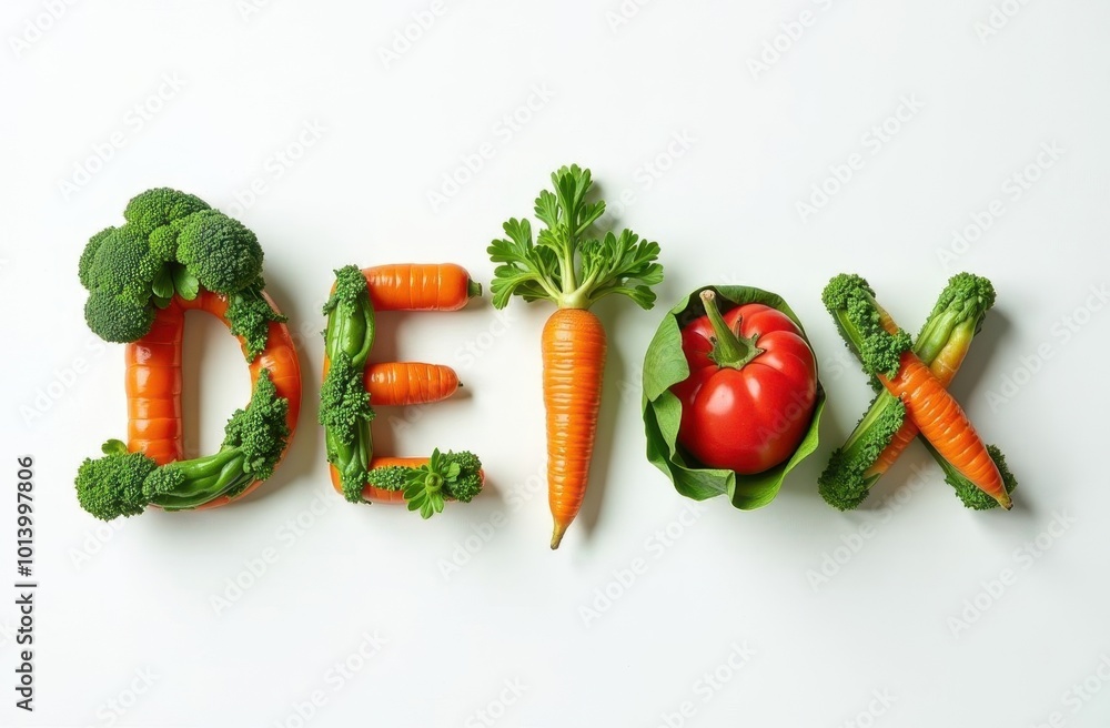 word detox made from fresh vegetables on a white background, healthy eating concept, vegetarianism word detox made from fresh vegetables on a white background, healthy eating concept, vegetarianism