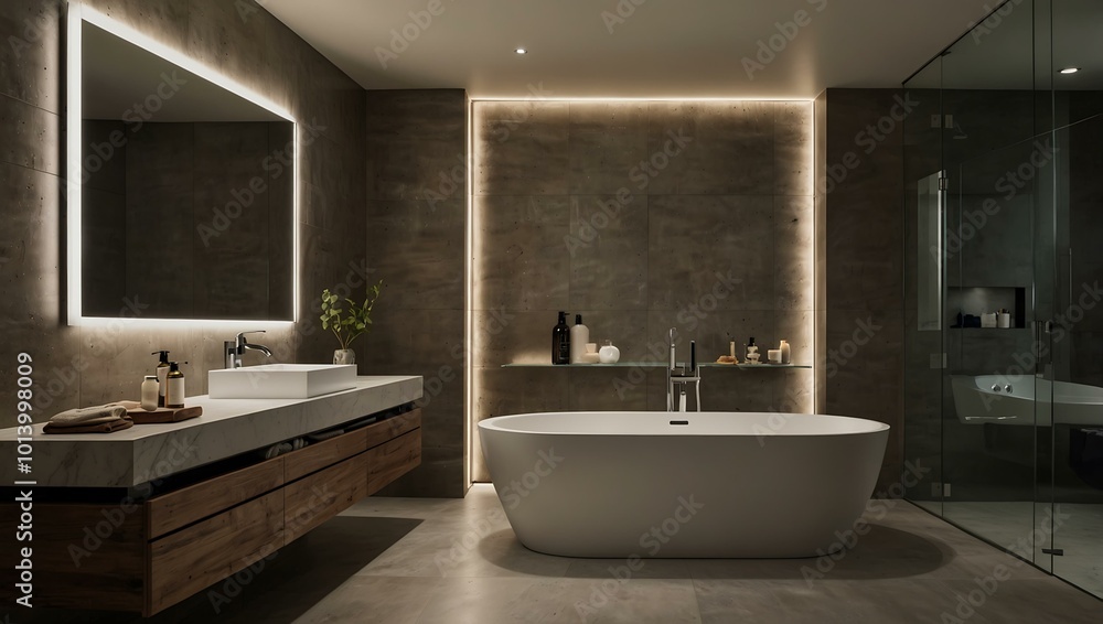 A chic bathroom with a freestanding tub and LED mirror lighting. A chic bathroom with a freestanding tub and LED mirror lighting.