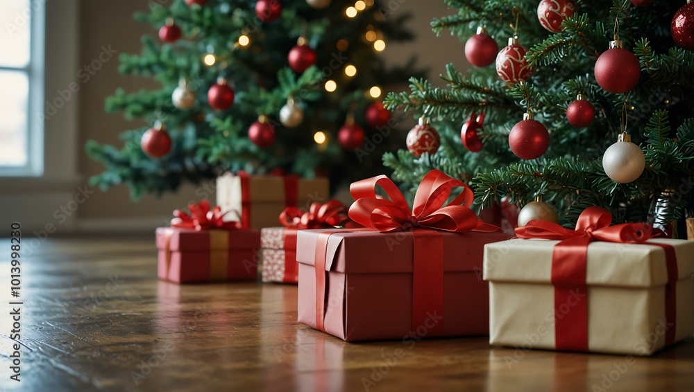 A Christmas tree adorned with a red bow and gifts underneath. A Christmas tree adorned with a red bow and gifts underneath.