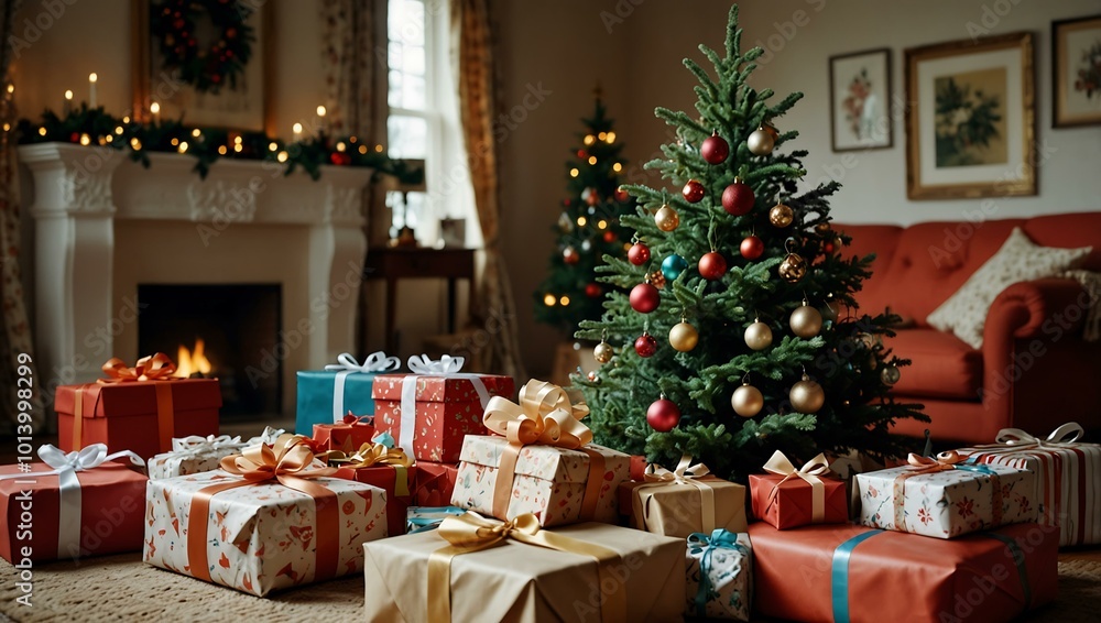 A Christmas tree surrounded by a pile of presents. A Christmas tree surrounded by a pile of presents.