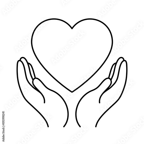 Charity icon, outline drawing of hands holding a heart. Donation, support, compassion concept