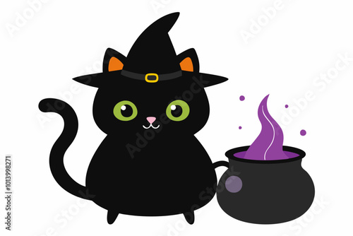 Halloween cat witch. Black kitten in high witchs hat sitting next to cauldron, preparing potion. Magic, sorcery and fantasy. Autumn and international holiday of fear. Cartoon flat vector illustration