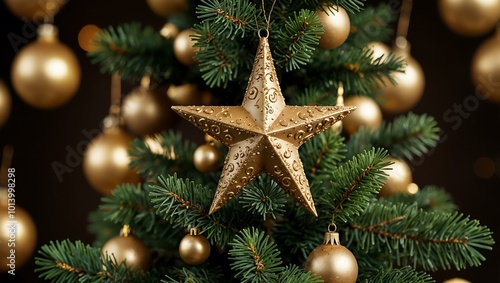 A Christmas tree topped with a star and adorned with golden ornaments.