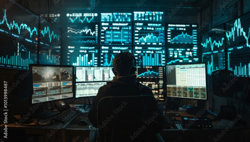 A person in the dark, surrounded by multiple computer screens displaying stock market data and charts. The atmosphere is tense with ominous shadows. A person in the dark, surrounded by multiple computer screens displaying stock market data and charts. The atmosphere is tense with ominous shadows.