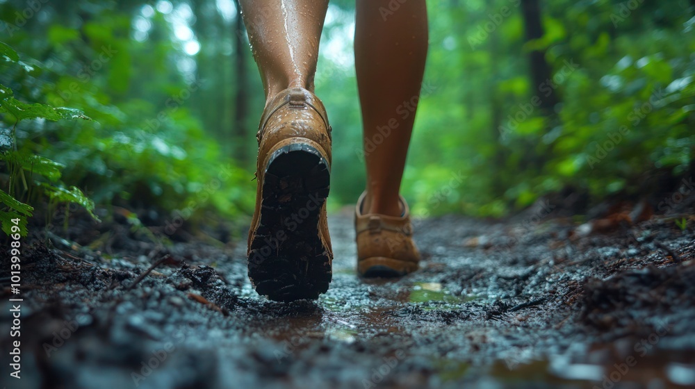 Young girl's legs hiking on path in The forest in summer. Hiker woman with trekking sticks climbs steep Young girl's legs hiking on path in The forest in summer. Hiker woman with trekking sticks climbs steep