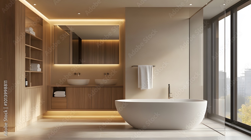 Fototapeta premium Modern minimalist bathroom with a freestanding tub, wooden cabinets, and a walk-in shower