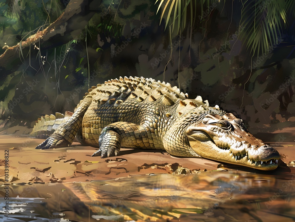 Fototapeta premium Crocodile sunbathing on a riverbank