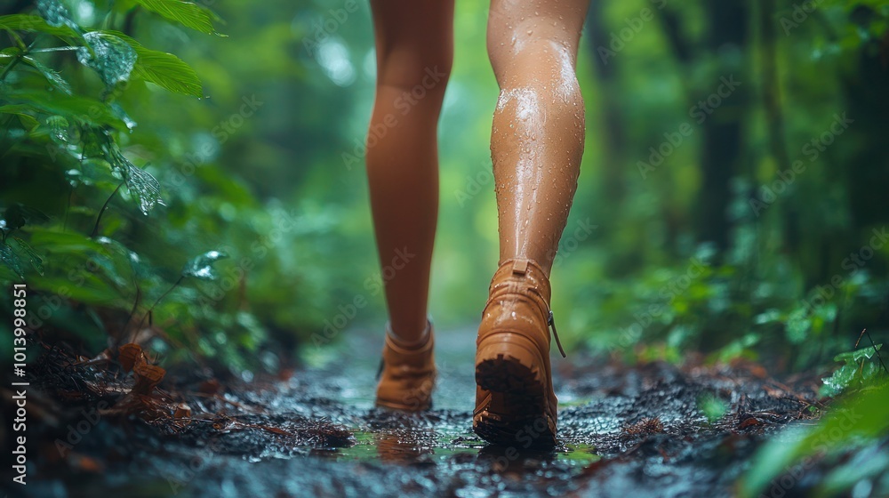 Young girl's legs hiking on path in The forest in summer. Hiker woman with trekking sticks climbs steep Young girl's legs hiking on path in The forest in summer. Hiker woman with trekking sticks climbs steep