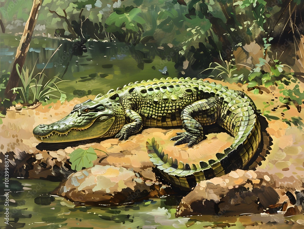 Obraz premium Crocodile sunbathing on a riverbank
