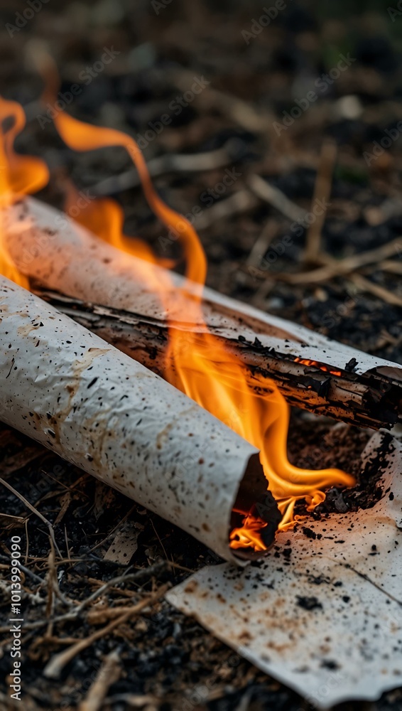 A close-up of burning paper outdoors, illustrating destruction. A close-up of burning paper outdoors, illustrating destruction.