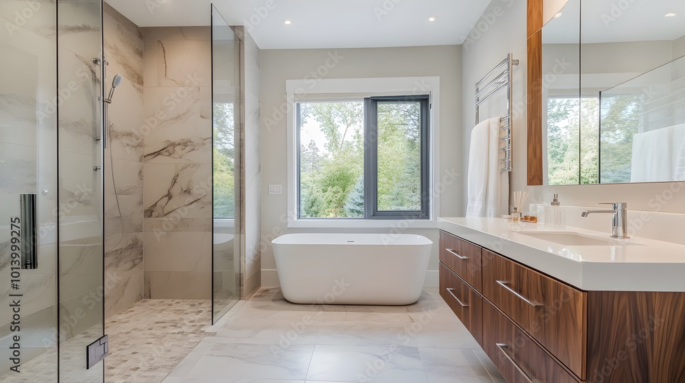Modern minimalist bathroom with a freestanding tub, wooden cabinets, and a walk-in shower Modern minimalist bathroom with a freestanding tub, wooden cabinets, and a walk-in shower
