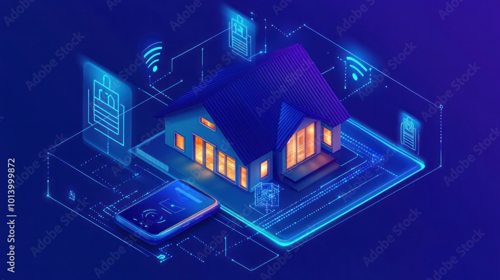 Isometric smart home with IoT technology A smartphone used for wireless control of household appliances through the internet Protection of home infrastructure via IoT design Isometric smart home with IoT technology A smartphone used for wireless control of household appliances through the internet Protection of home infrastructure via IoT design