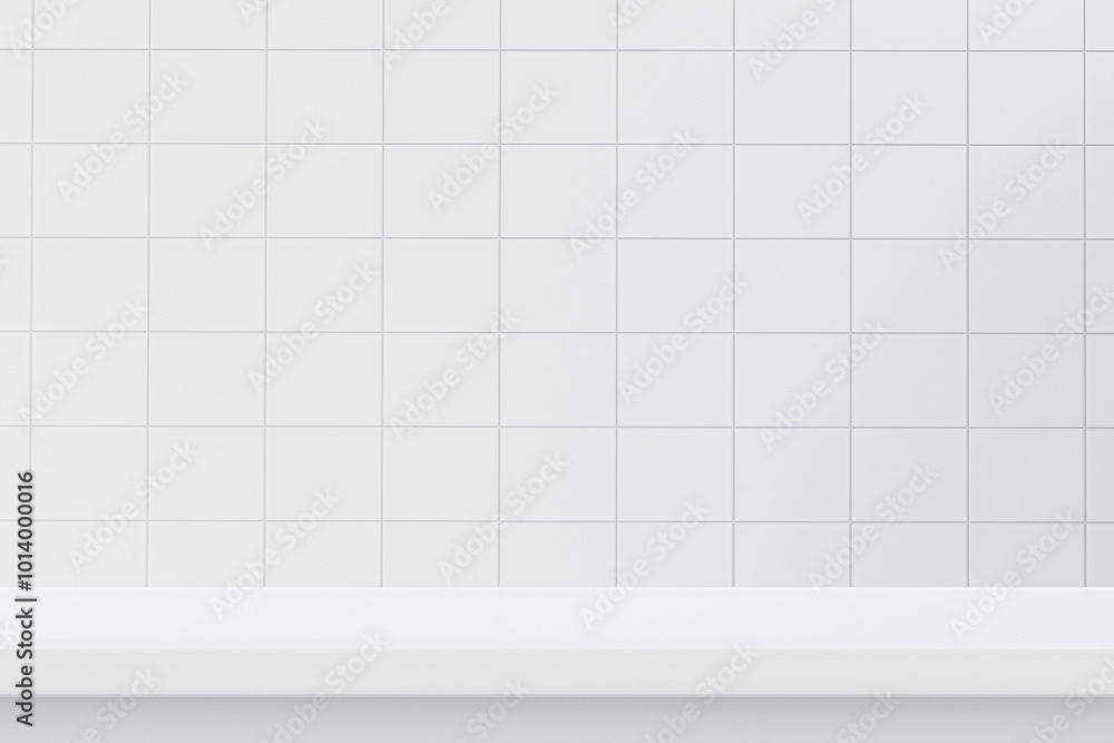 Fototapeta premium White shelf on wall with square tile pattern. Bathroom or kitchen interior product podium.scene with empty goods display podium mockup, 3d render