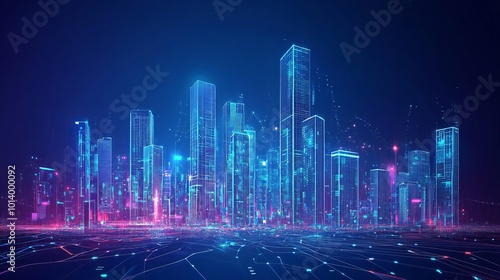 Lowpoly 3D wire mesh of a smart city An intelligent building automation system concept with binary code data flow showcasing technology in urban architecture
