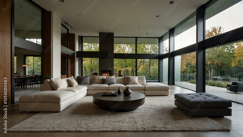 A contemporary living room with a sectional sofa and floor-to-ceiling windows. A contemporary living room with a sectional sofa and floor-to-ceiling windows.