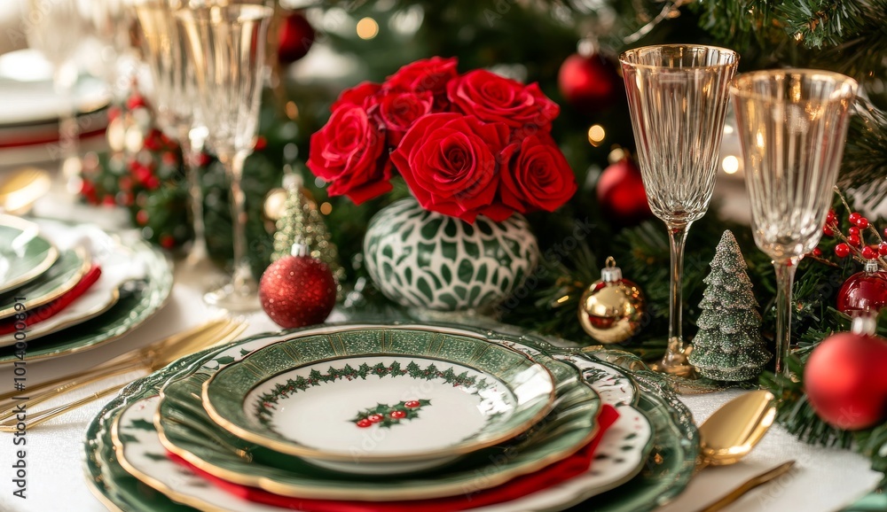 Close up of elegant table set for Christmas dinner with special dishes and glasses
