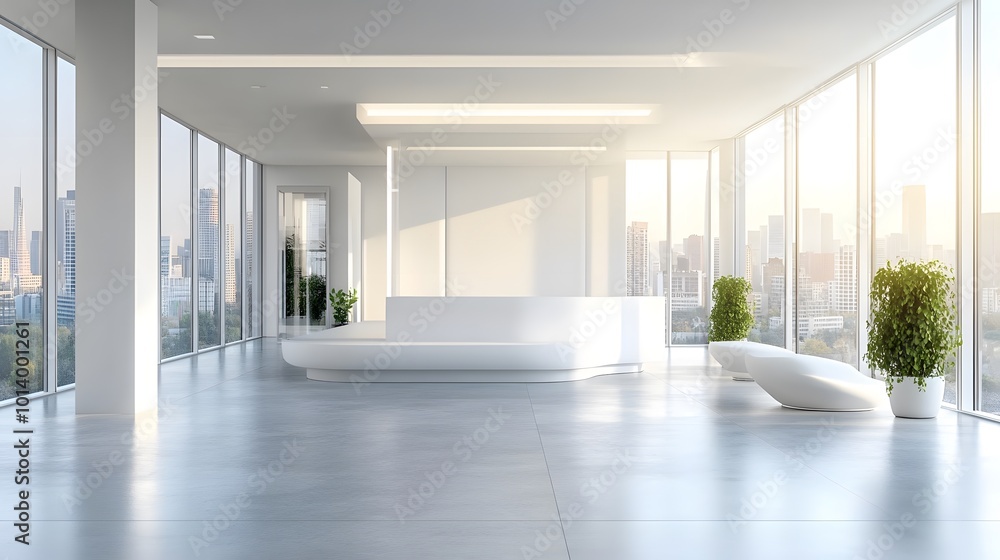 Modern office workspace with large windows and white furniture, minimalist style, concrete floor, and cityscape background Modern office workspace with large windows and white furniture, minimalist style, concrete floor, and cityscape background