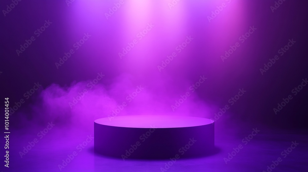 Realistic vector illustration of a purple cylinder podium pedestal with smoke and light effects Features a violet circular stand in an empty showroom ideal for cosmetic advertising Realistic vector illustration of a purple cylinder podium pedestal with smoke and light effects Features a violet circular stand in an empty showroom ideal for cosmetic advertising
