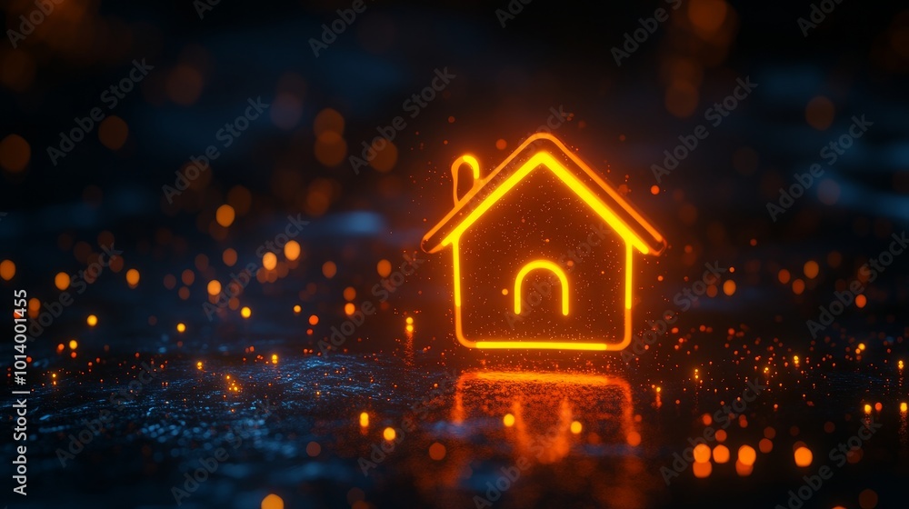 Neon orange smart home icon on a dark sparkly background Represents futuristic smart home technology in a 3D rendering Neon orange smart home icon on a dark sparkly background Represents futuristic smart home technology in a 3D rendering