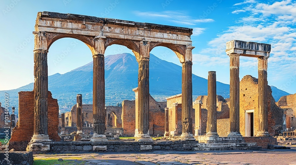 Fototapeta premium Ancient Roman ruins with Mount Vesuvius in the background.