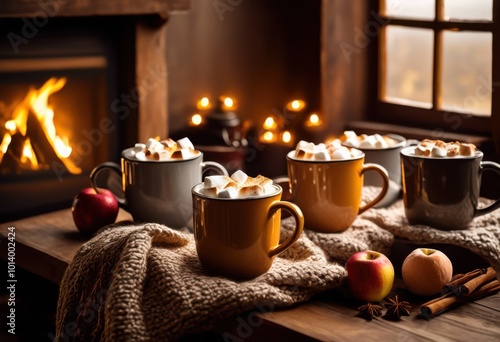 charming selection cozy mugs filled steaming seasonal beverages perfect comfort warmth during chillier months, ceramic, coffee, cocoa, latte, spices, winter
