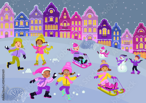 Kids go sledding, and playing snowballs. Happy cartoon children have fun on a walk in the winter town. Boys and girls in bright warm clothes. Vector illustration.