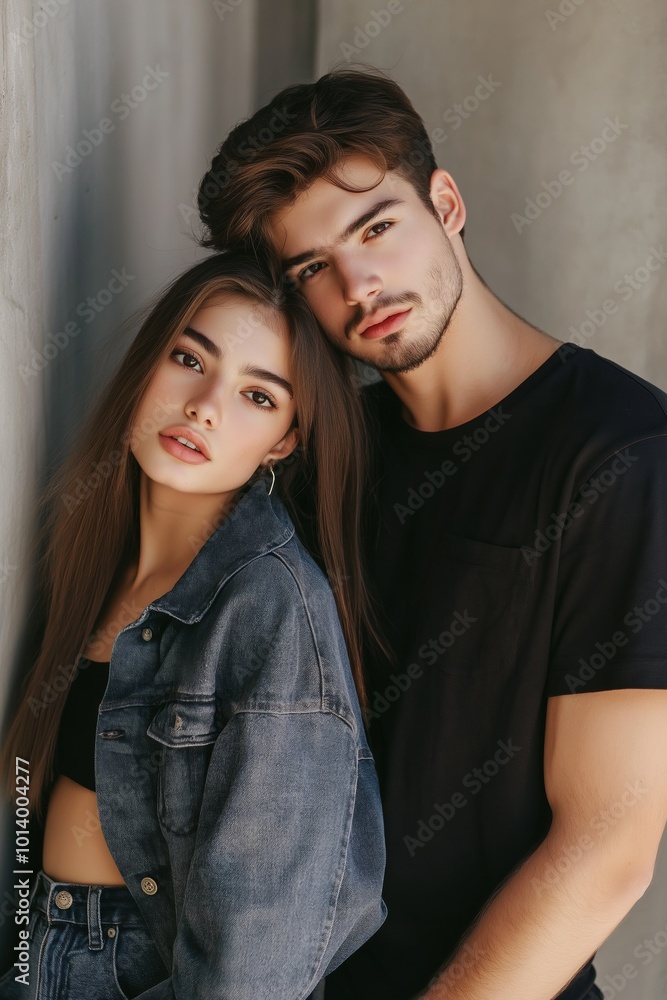 A man and a woman are posing for a picture. The man is wearing a black shirt and the woman is wearing a blue jacket. Scene is romantic and intimate A man and a woman are posing for a picture. The man is wearing a black shirt and the woman is wearing a blue jacket. Scene is romantic and intimate