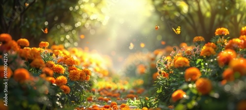 Fototapeta Naklejka Na Ścianę i Meble -  Peaceful Garden Pathway with Blooming Cempasuchil Flowers Under Soft Sunlight - Ideal for Posters and Prints