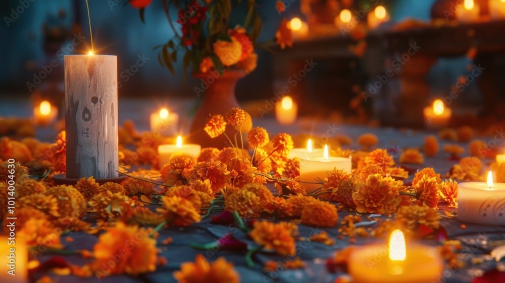 Peaceful Evening Dia de los Muertos Altar with Illuminated Candles and Cempasuchil Flowers Peaceful Evening Dia de los Muertos Altar with Illuminated Candles and Cempasuchil Flowers