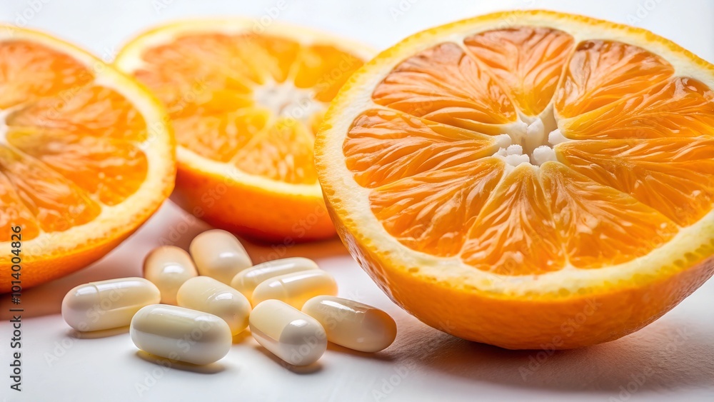 Fototapeta premium Close-up of fresh orange slices and vitamin C pills on a white background for health and nutrition