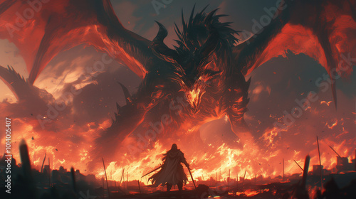 red dragon dominates the battlefield with fierce flames as warriors clash beneath its wings