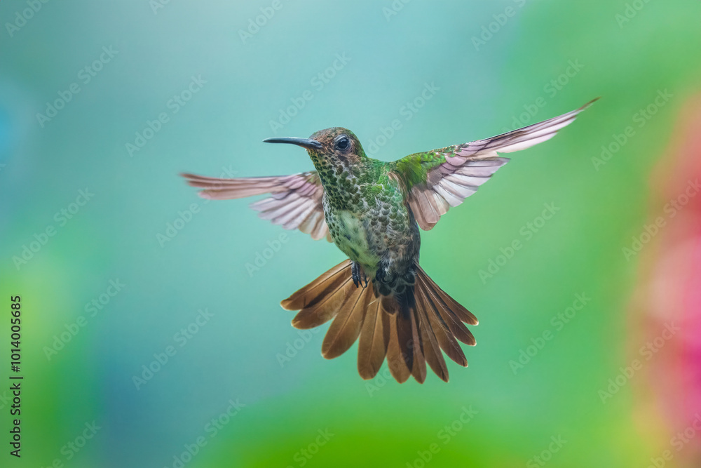 Fototapeta premium Female Golden-tailed Sapphire - Chrysuronia oenone, beautiful colored hummingbird from Andean slopes of South America, Wild Sumaco, Ecuador.