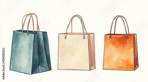 Artistic illustration of three shopping bags in earthy tones, showcasing their unique textures and shapes, perfect for conveying a sense of style and sustainability