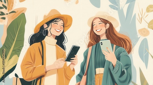 Two stylish friends enjoying a sunny day together in a trendy neighborhood while sharing laughter and checking their smartphones amidst vibrant foliage