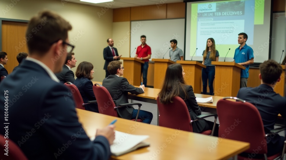 A man sits at the front of a lecture hall, taking notes while a group of people give presentations on stage A man sits at the front of a lecture hall, taking notes while a group of people give presentations on stage