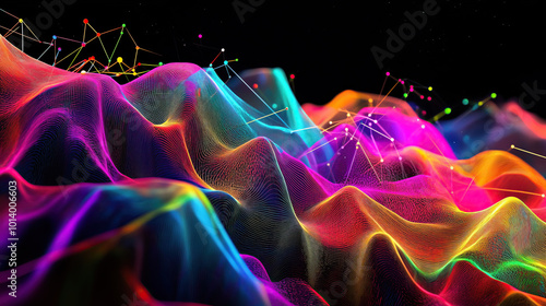 Abstract futuristic digital wallpaper with rainbow wavy mesh web 