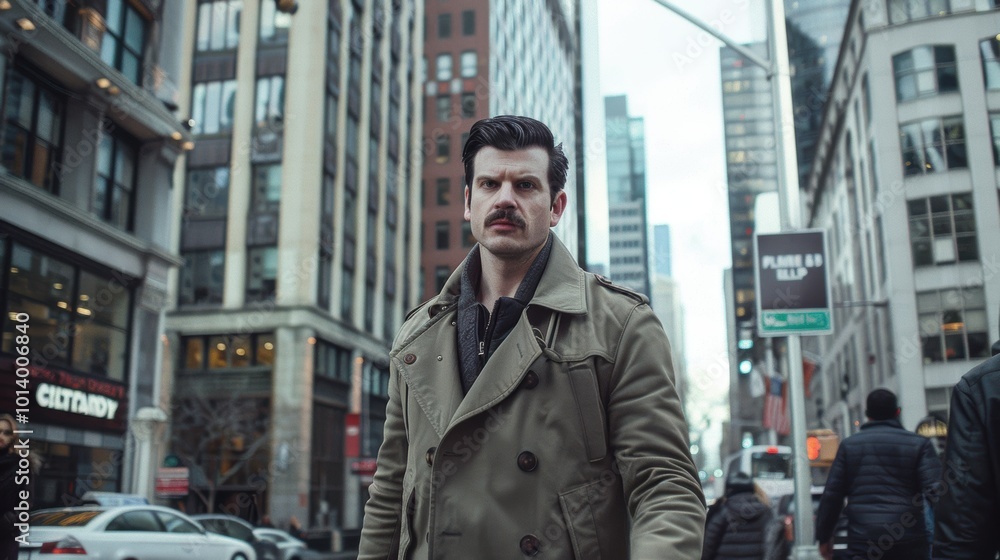 Elegant Man in Trench Coat Walking Amidst Skyscrapers in Busy Urban Street - Editorial Photography Elegant Man in Trench Coat Walking Amidst Skyscrapers in Busy Urban Street - Editorial Photography