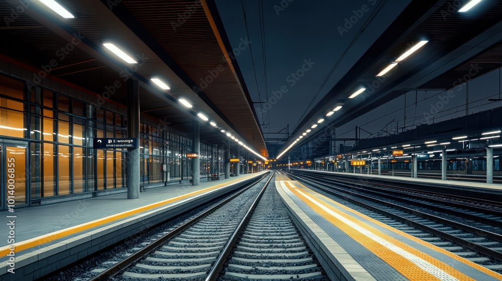 A modern train station with long, sleek lighting fixtures that run parallel to the tracks, enhancing both visibility and architectural interest A modern train station with long, sleek lighting fixtures that run parallel to the tracks, enhancing both visibility and architectural interest