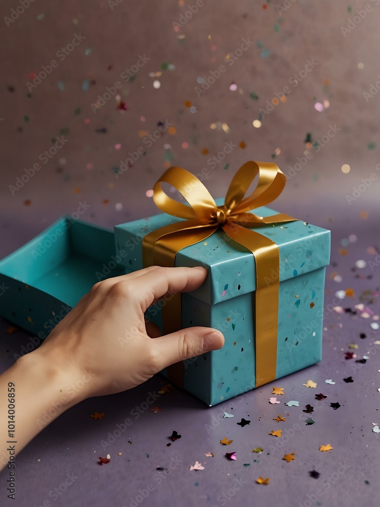 A hand unveiling a gift box, revealing colorful confetti. A hand unveiling a gift box, revealing colorful confetti.