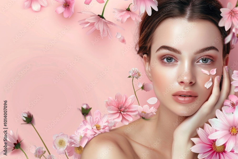 Portrait of a woman with natural, glowing skin surrounded by pink flowers and petals on a soft pink background. Skincare and beauty concept with floral elements. Mockup. Generative AI Portrait of a woman with natural, glowing skin surrounded by pink flowers and petals on a soft pink background. Skincare and beauty concept with floral elements. Mockup. Generative AI