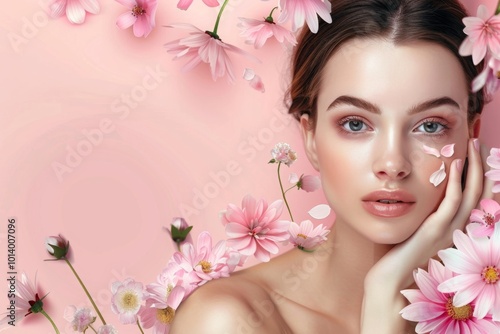 Portrait of a woman with natural, glowing skin surrounded by pink flowers and petals on a soft pink background. Skincare and beauty concept with floral elements. Mockup.  Generative AI