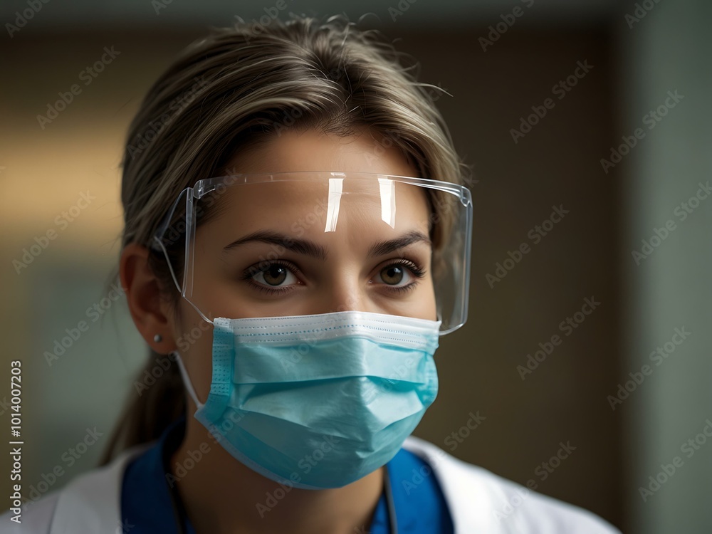 A healthcare professional in a mask and eye protection expresses concern in a clinical environment. A healthcare professional in a mask and eye protection expresses concern in a clinical environment.