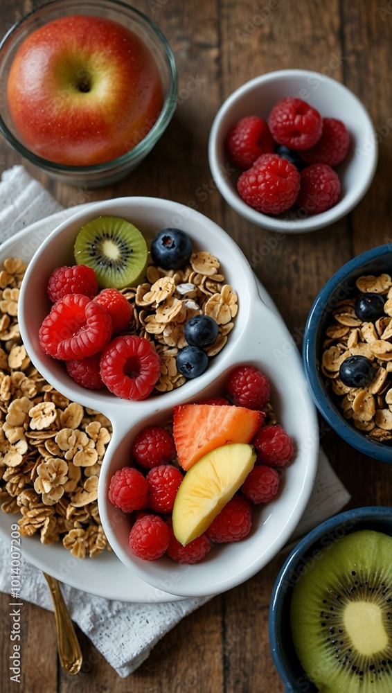 A healthy breakfast spread featuring fresh fruits and granola. A healthy breakfast spread featuring fresh fruits and granola.