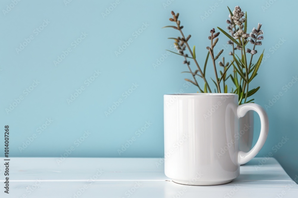 White ceramic mug with wildflowers placed on a light blue wooden surface against a pastel blue background. Mockup. Generative AI White ceramic mug with wildflowers placed on a light blue wooden surface against a pastel blue background. Mockup. Generative AI