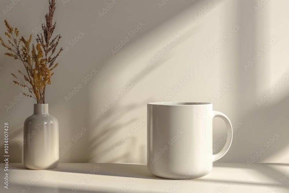 White ceramic mug next to a beige vase with dried flowers on a neutral surface, softly lit by natural light. Minimalistic and calm composition for a warm and peaceful setting. Mockup. Generative AI White ceramic mug next to a beige vase with dried flowers on a neutral surface, softly lit by natural light. Minimalistic and calm composition for a warm and peaceful setting. Mockup. Generative AI